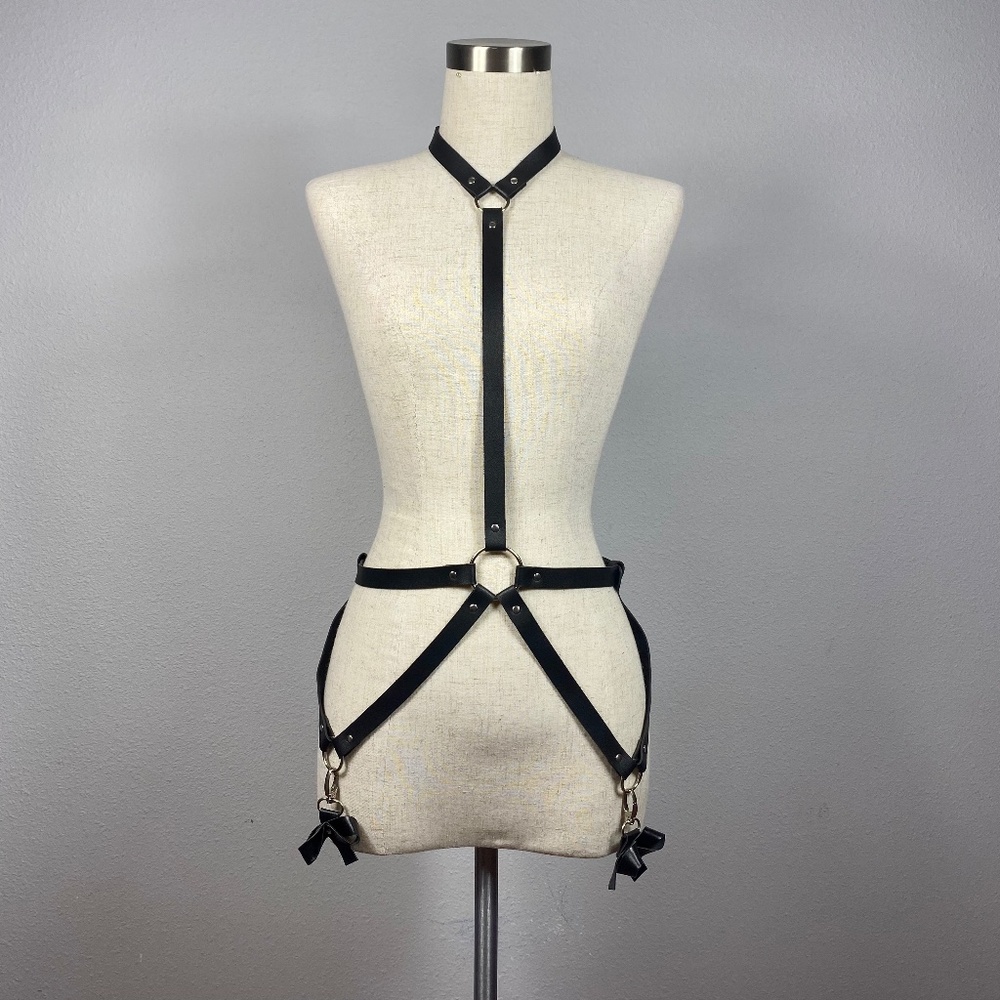 Black Bow Decor Leather Body Harness